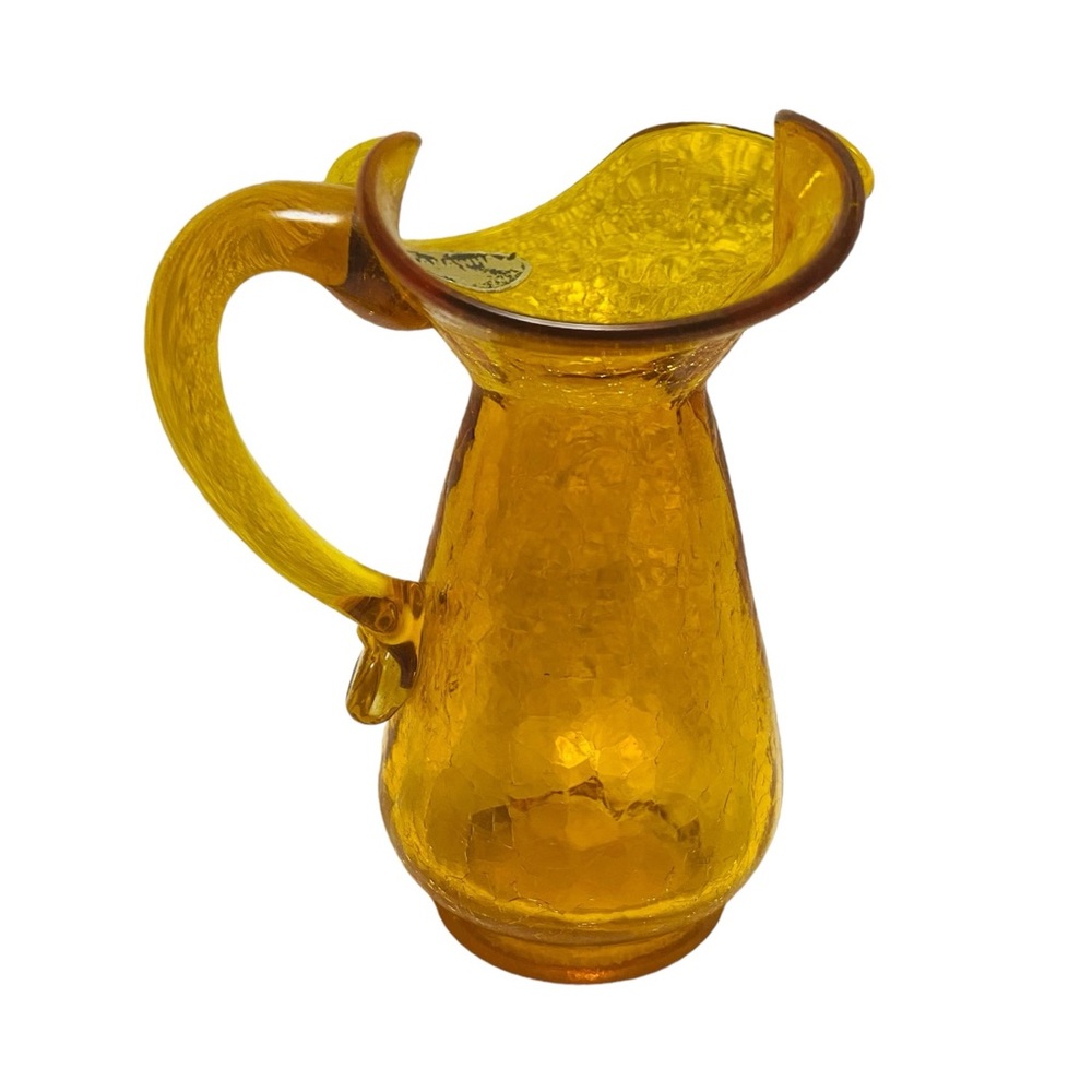 Vintage Kanawha Golden Amber Crackle Pitcher Hand Crafted Glass Ewer
